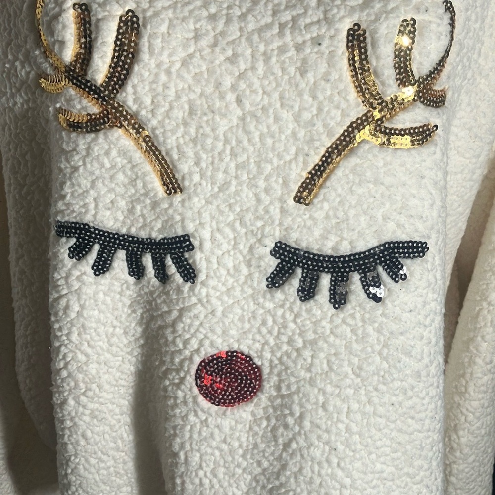 ❄️🤍Mentally Exhausted 100% Polyester Cream Fleece Cute Pullover W/Sequins Sz 2X - Picture 4 of 5